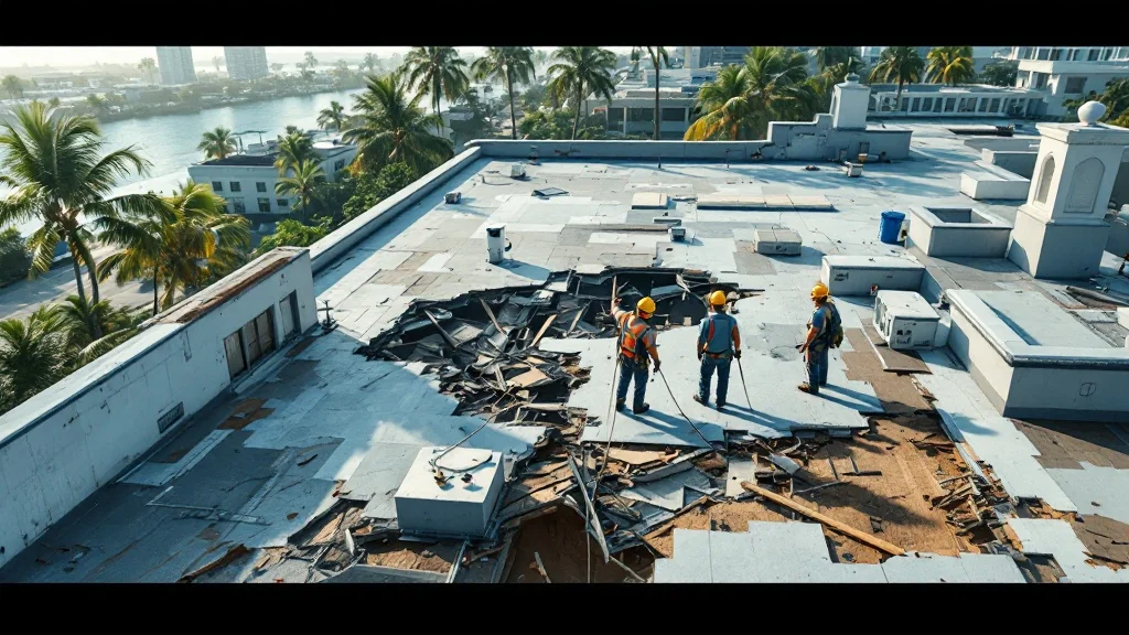 Storm damage assessment crew on Florida commercial building roof after hurricane