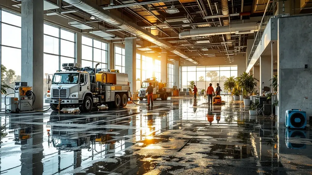 Commercial water damage restoration crew with industrial equipment in Florida office