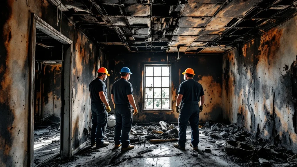 Fire damage restoration crew assessing charred interior of Florida home