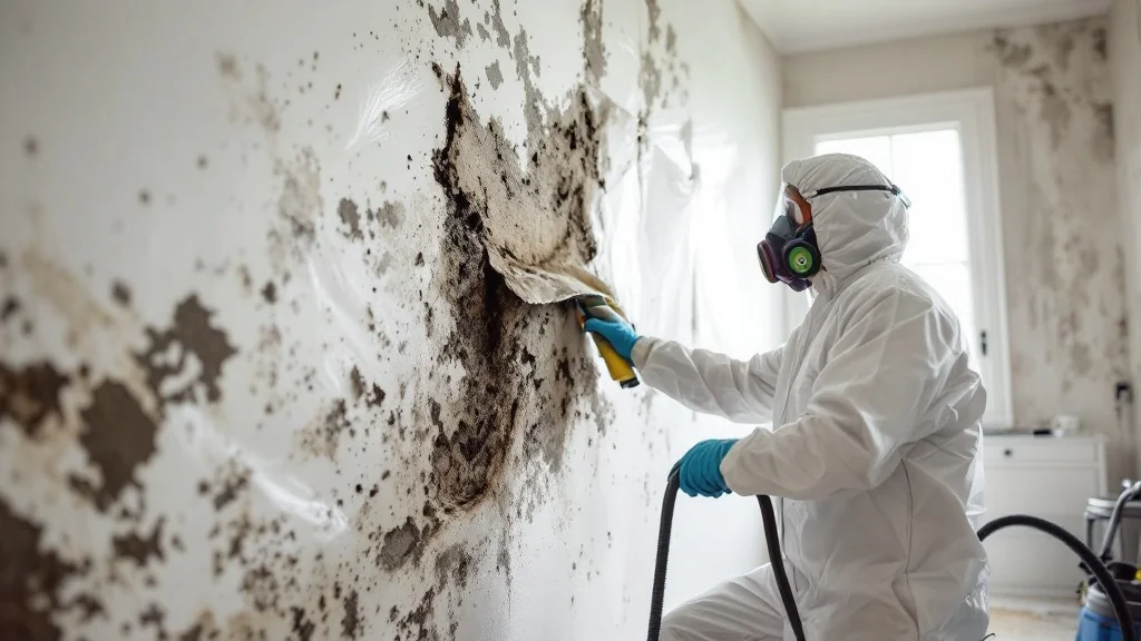 Mold remediation technician in protective suit treating Florida home wall