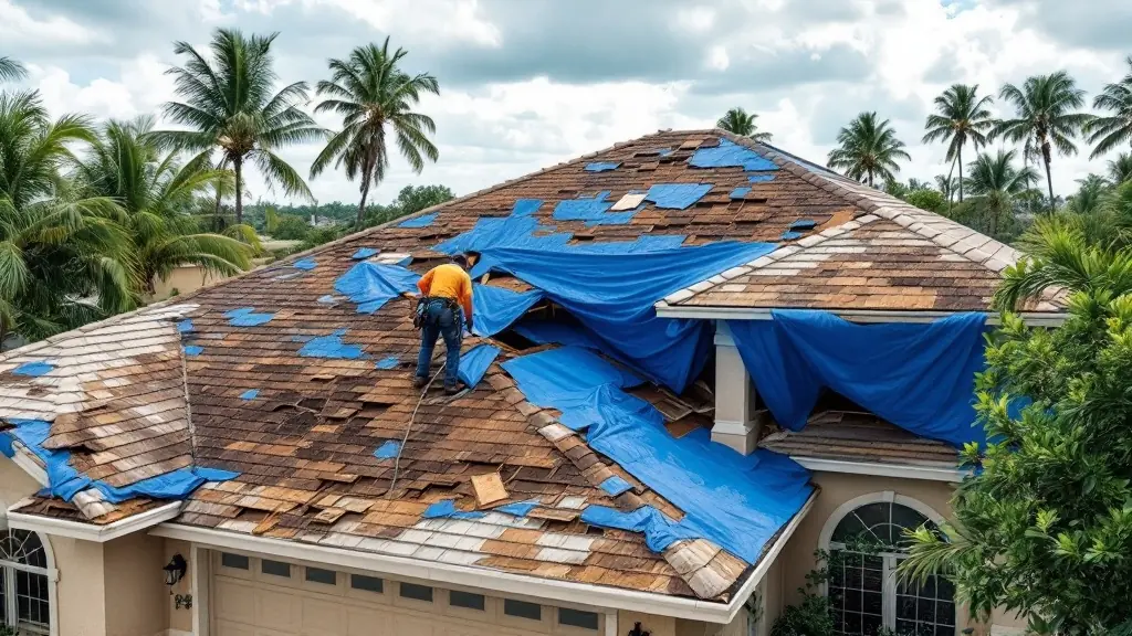 Storm damage restoration crew on Florida residential roof after hurricane