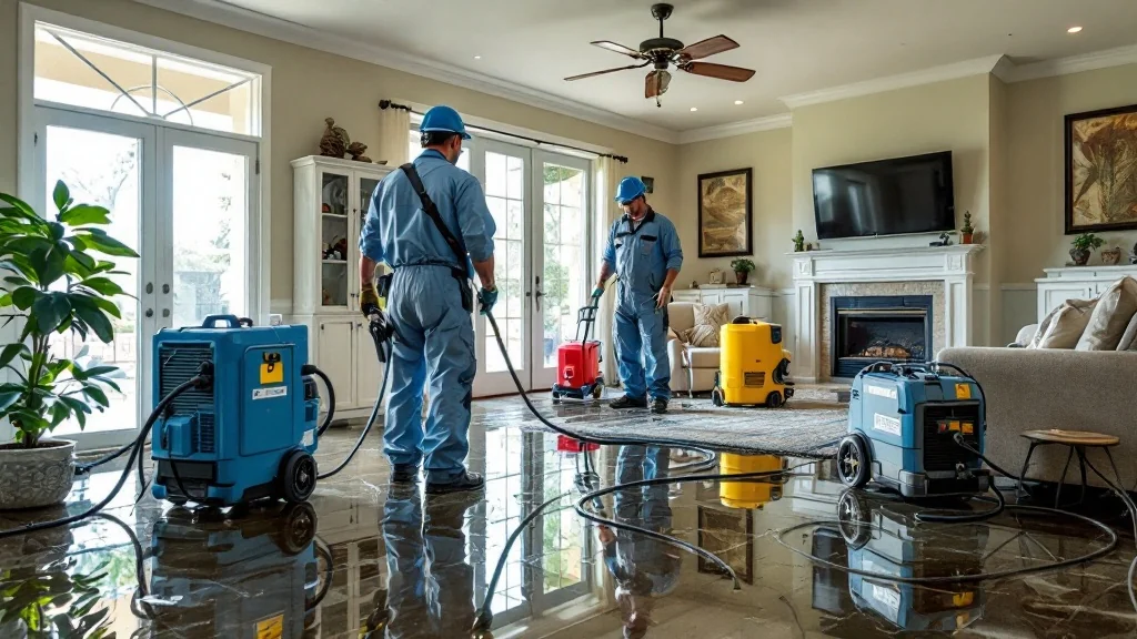 Water damage restoration crew with extraction equipment in Florida home