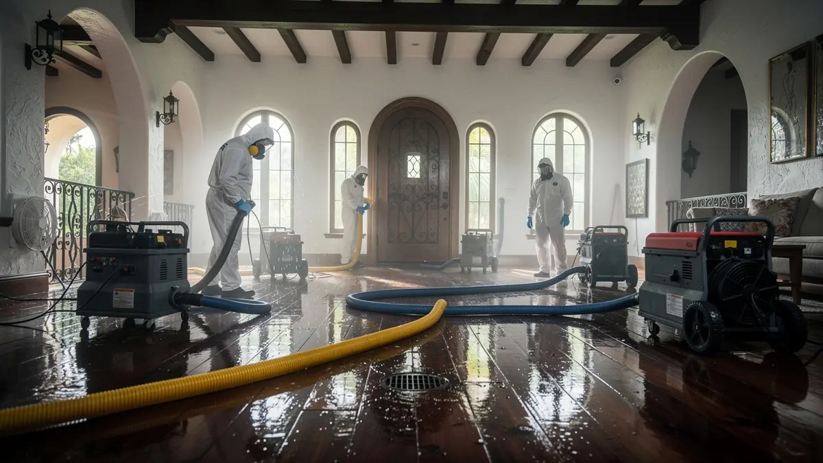 Water damage restoration crew working in West Palm Beach Florida home